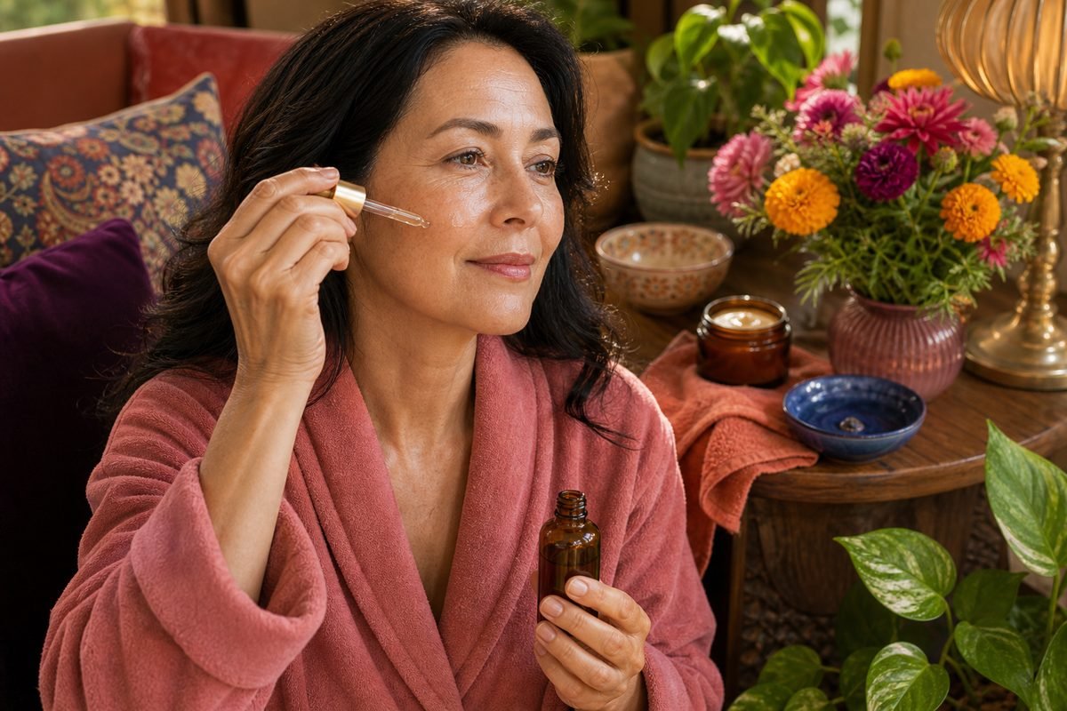 Woman applying brightening serum