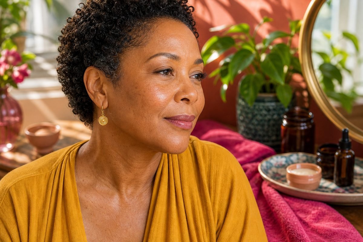 Close-up of even-toned, radiant mature skin