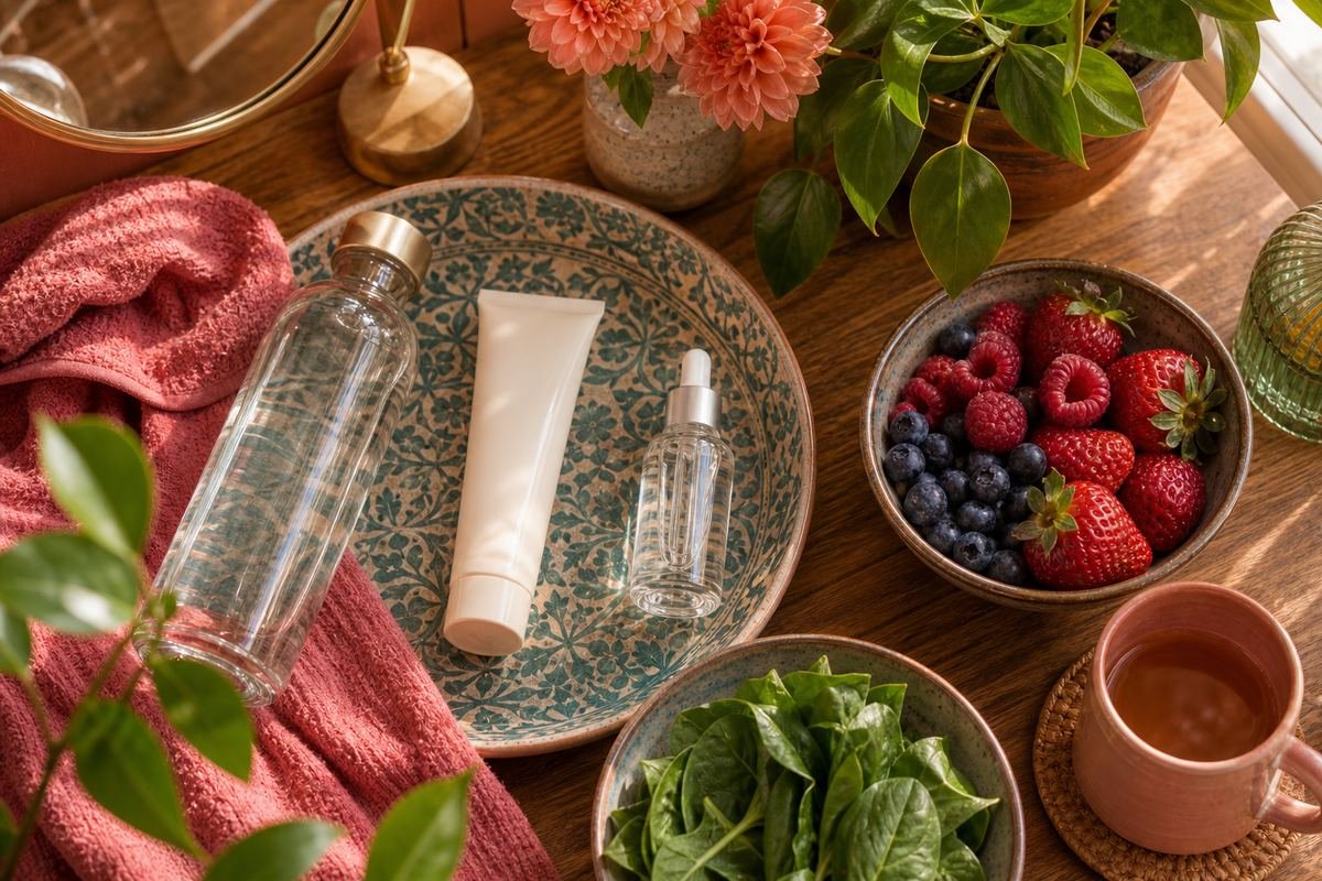 Flatlay of healthy anti-aging lifestyle essentials