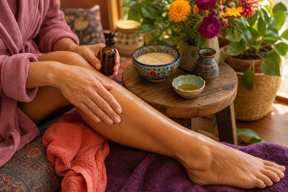 Woman applying soothing oil after waxing