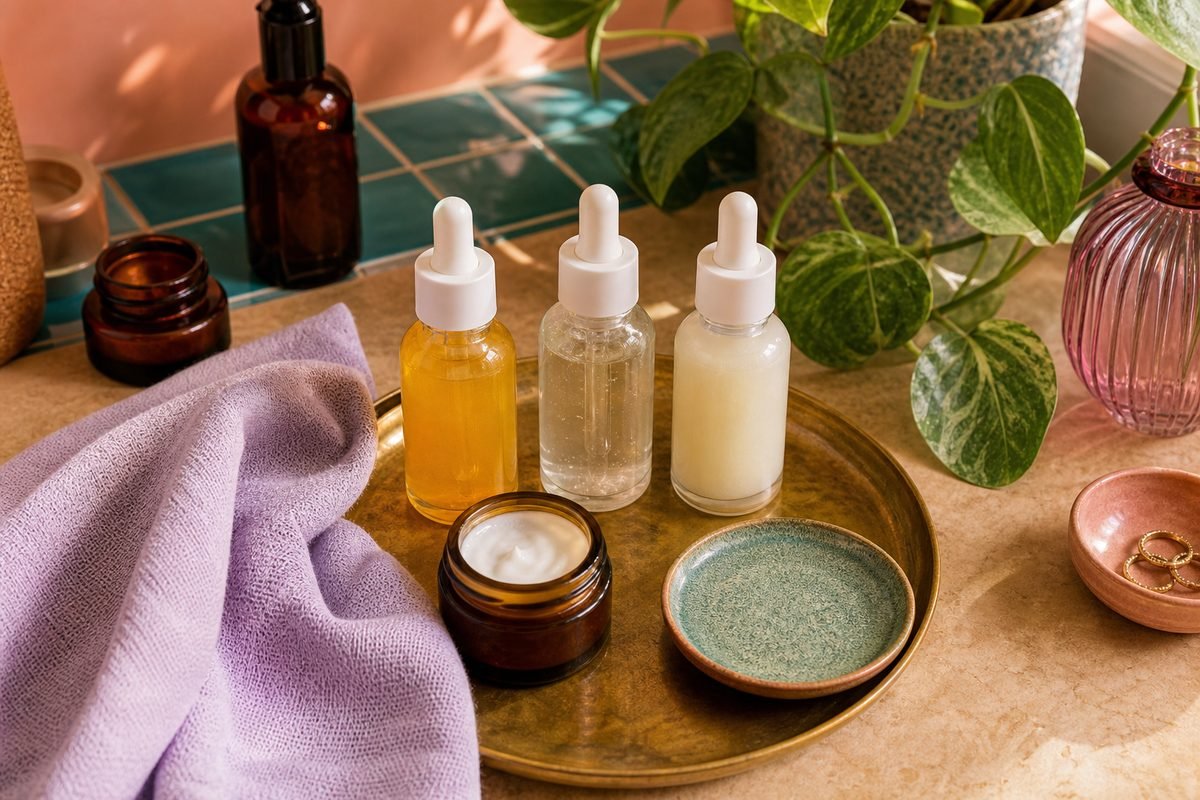 Flatlay of layered anti-aging serums