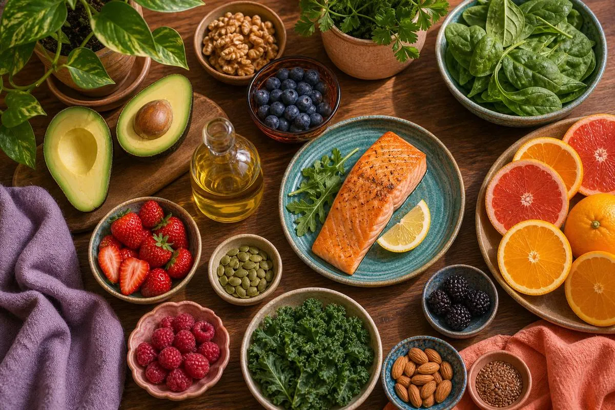 Flatlay of skin-healthy foods