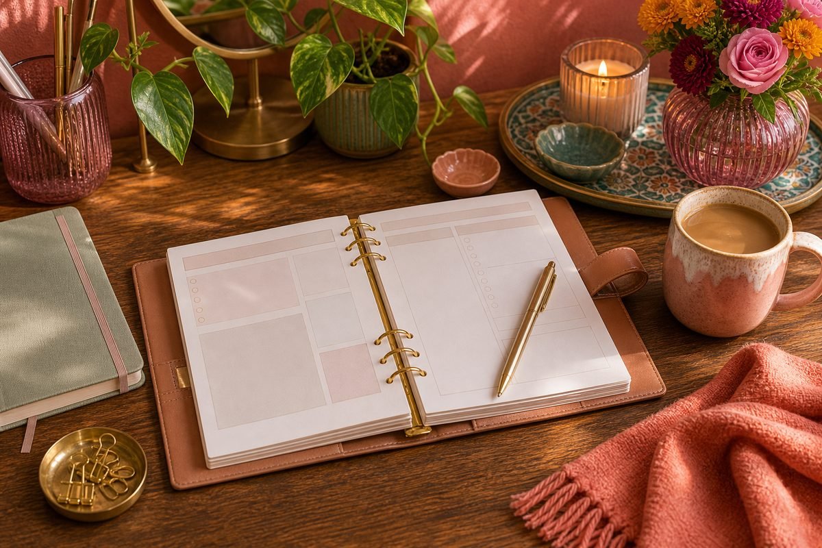 Open self-care planner with coffee