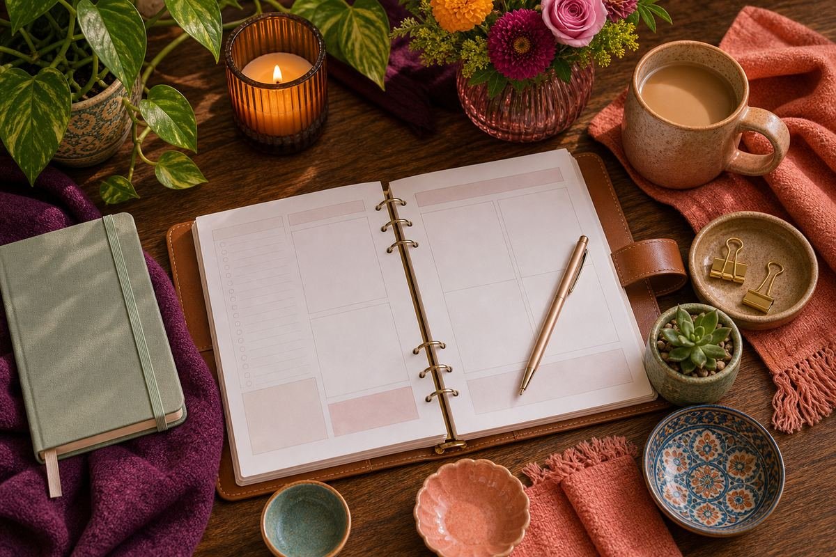 Flatlay of a planner and desk accessories