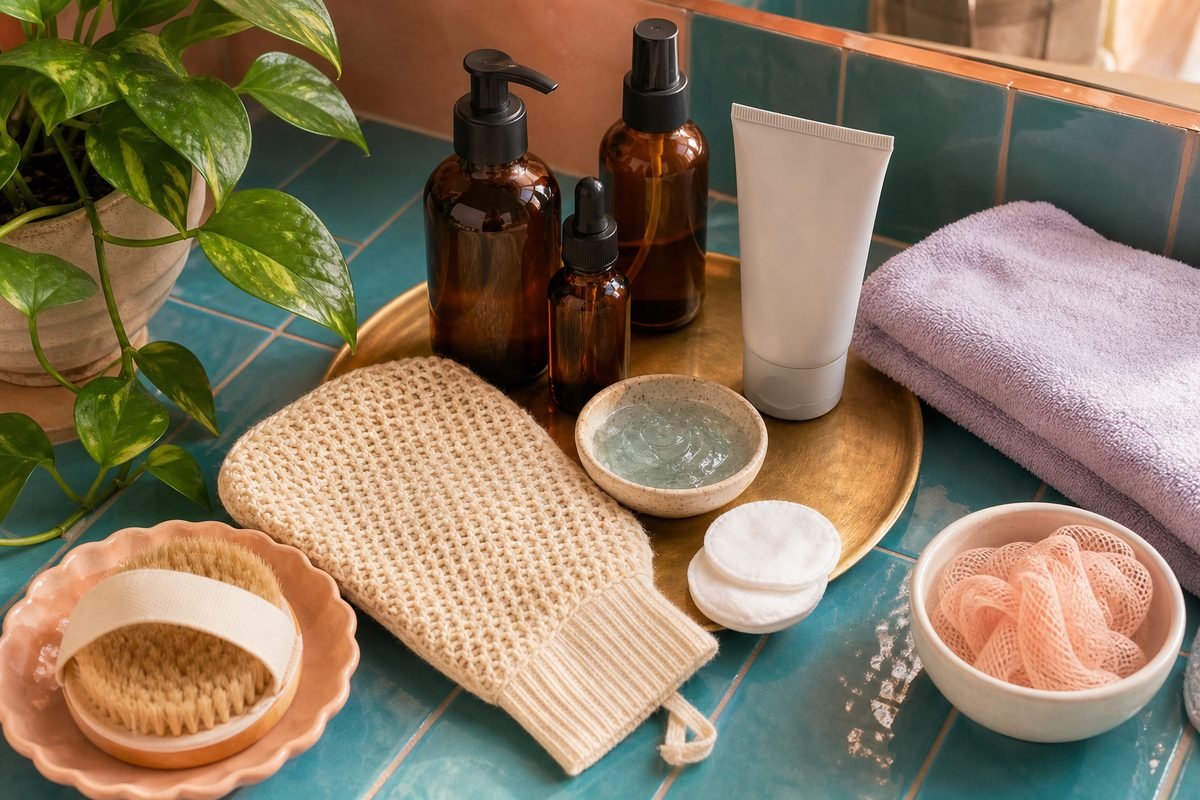 Flatlay of gentle fragrance-free body care products