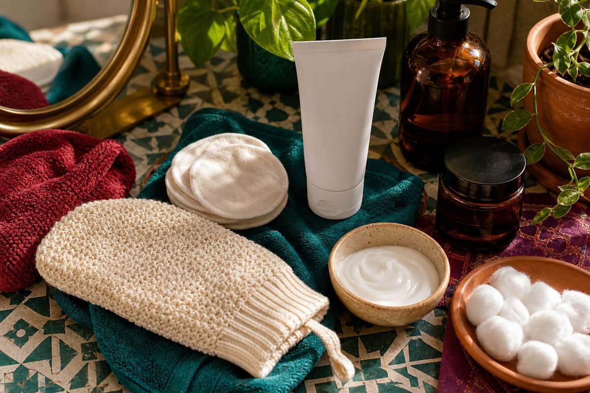 Flatlay of soft cotton items and gentle moisturizer