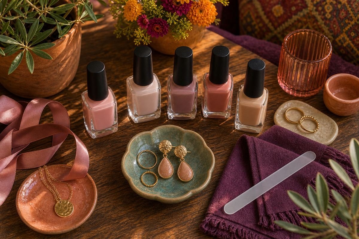 Flatlay of classy nail inspiration