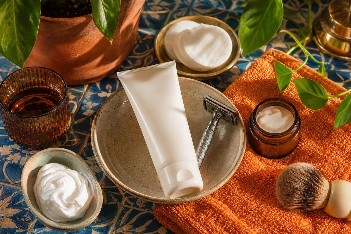 Flatlay of a razor, shaving cream and towel