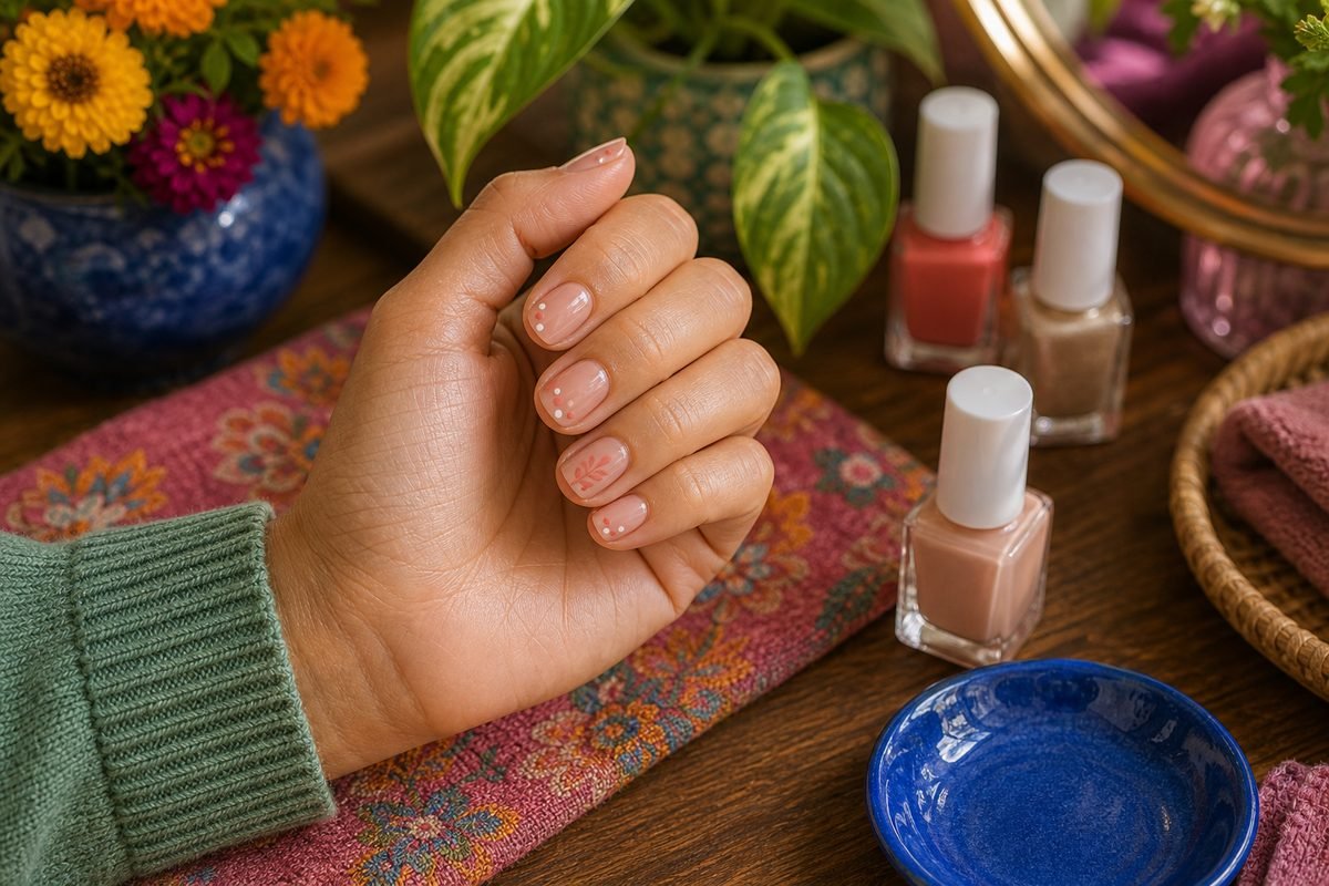 Close-up of simple DIY nail art