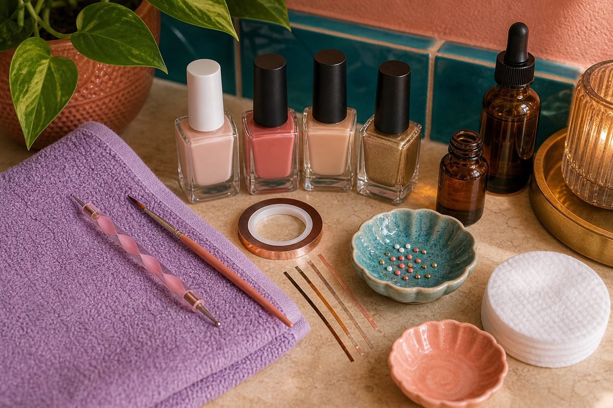 Flatlay of DIY nail art supplies
