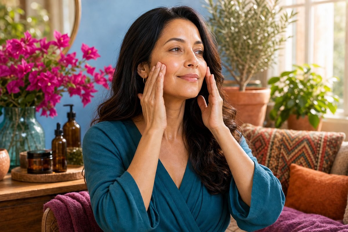 Woman doing a cheek face yoga exercise