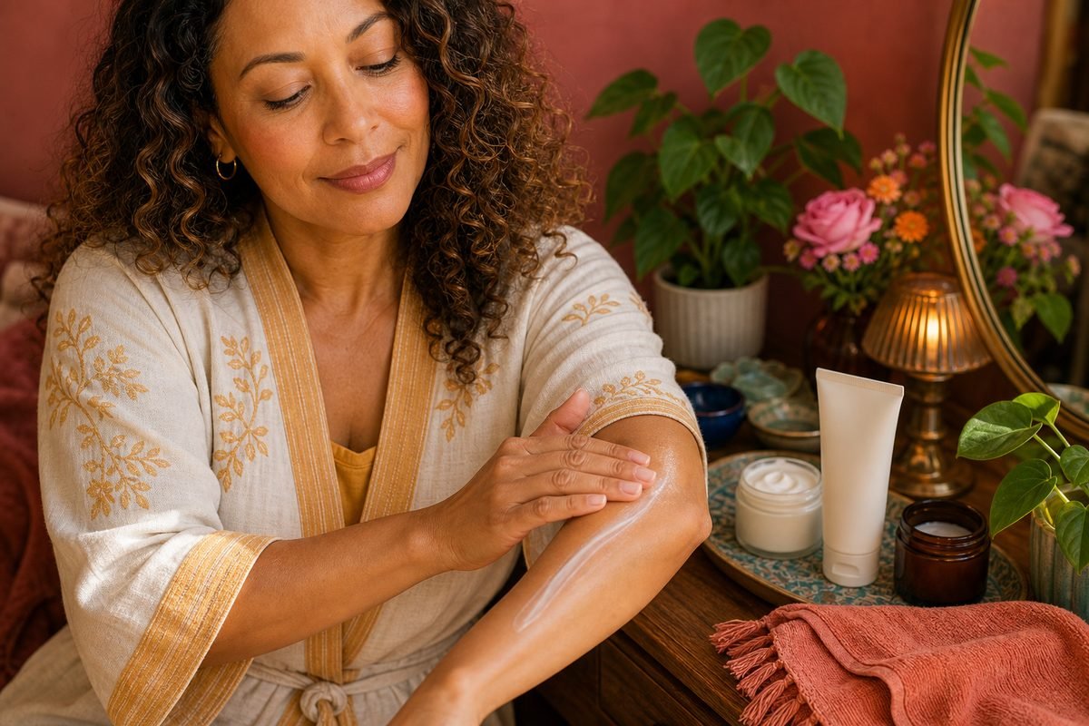 Woman applying firming body lotion to her arm