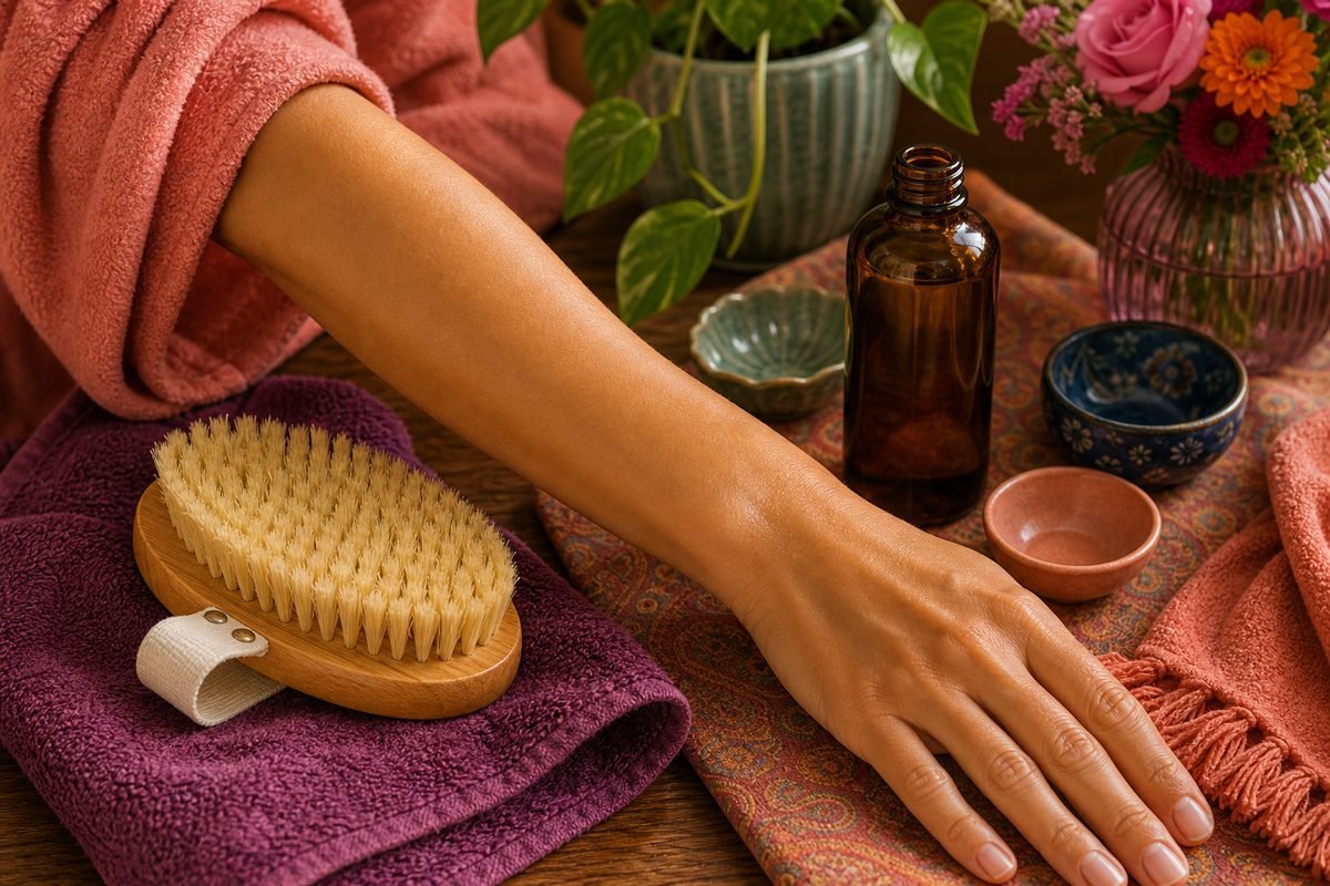 Close-up of smooth body skin with a dry brush