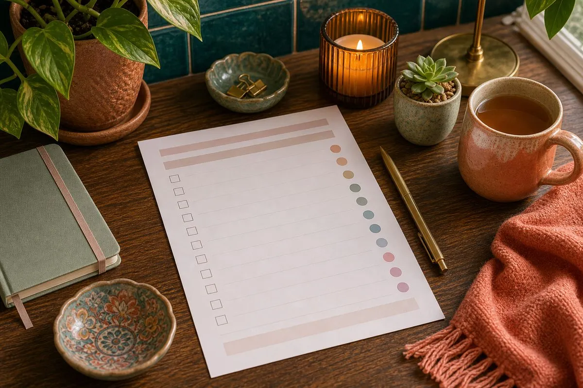 Printed self-care checklist with tea