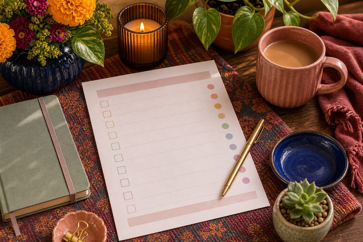 Cozy flatlay of a checklist and candle