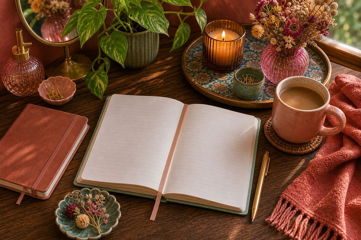 Cozy flatlay of a journal and candle