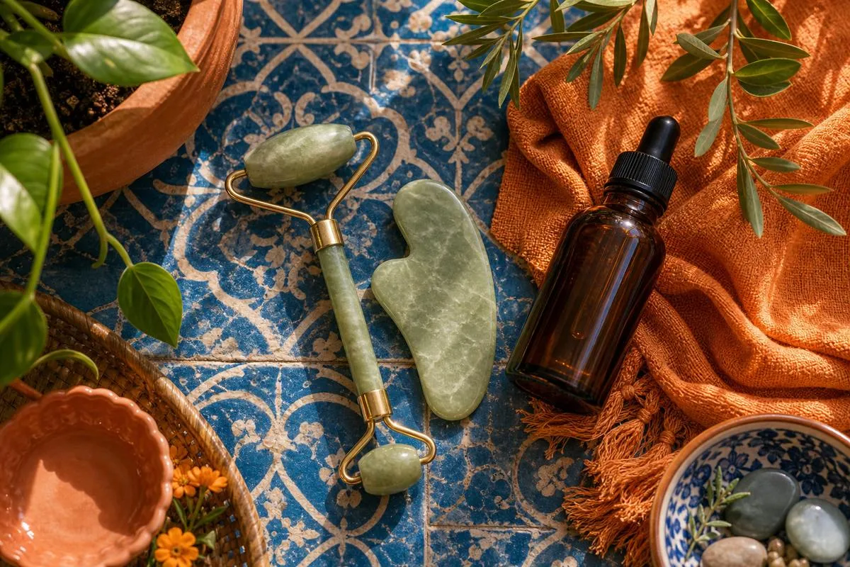 Gua sha stone and face roller side by side