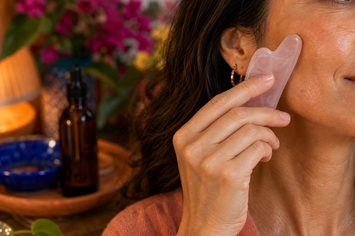 Woman using a gua sha stone on her cheekbone