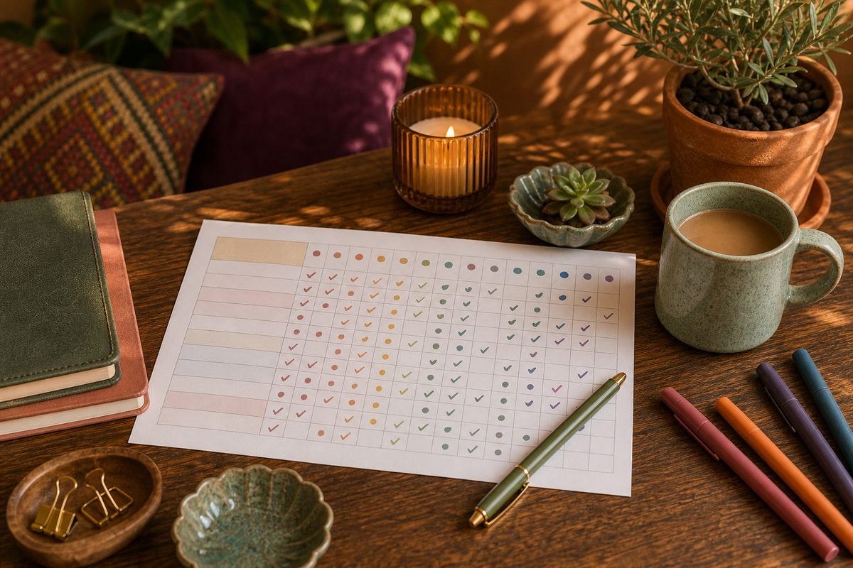 Filled-in habit tracker with colored marks