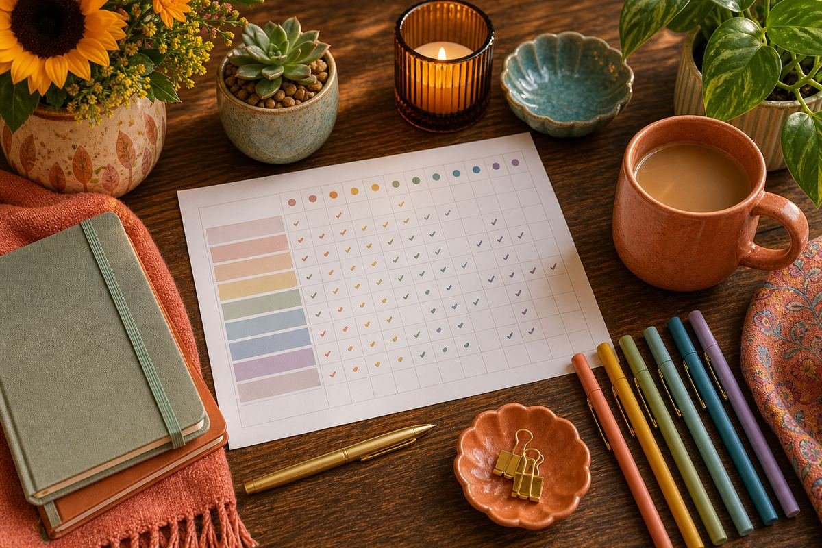 Flatlay of a habit tracker and colored pens