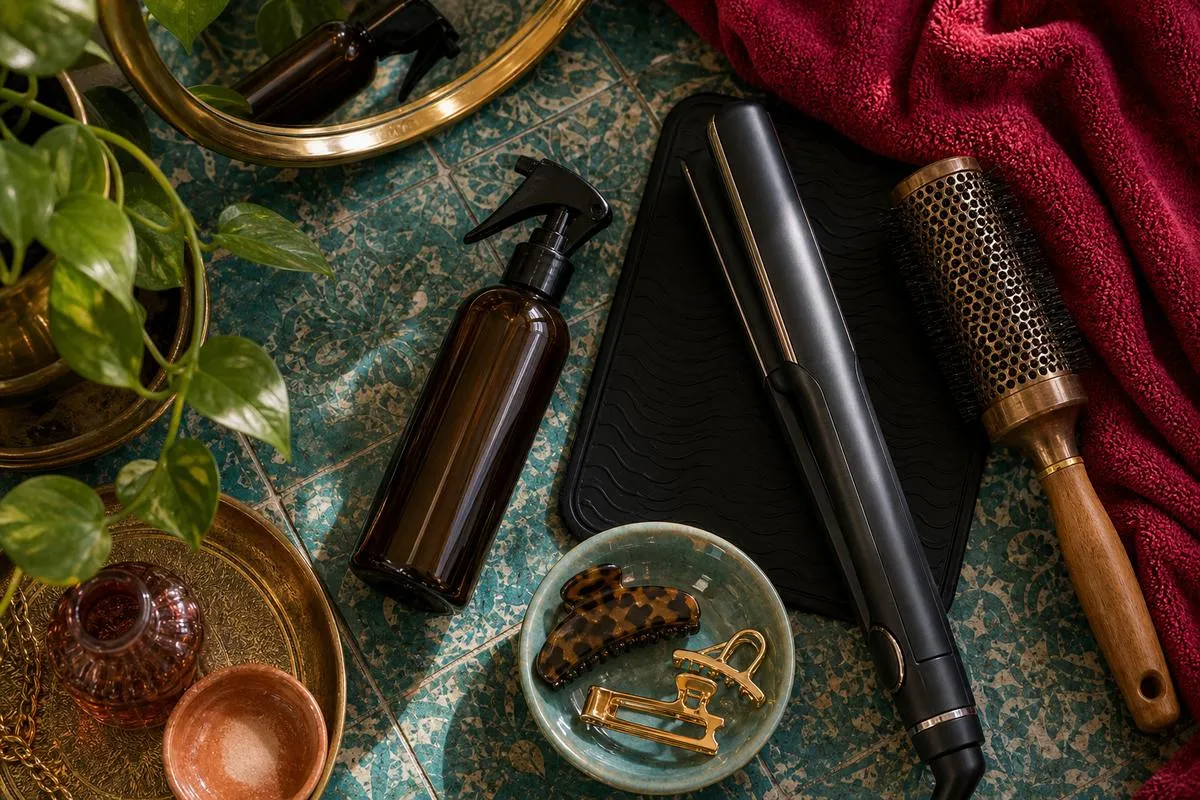 Flatlay of a flat iron and heat protectant spray