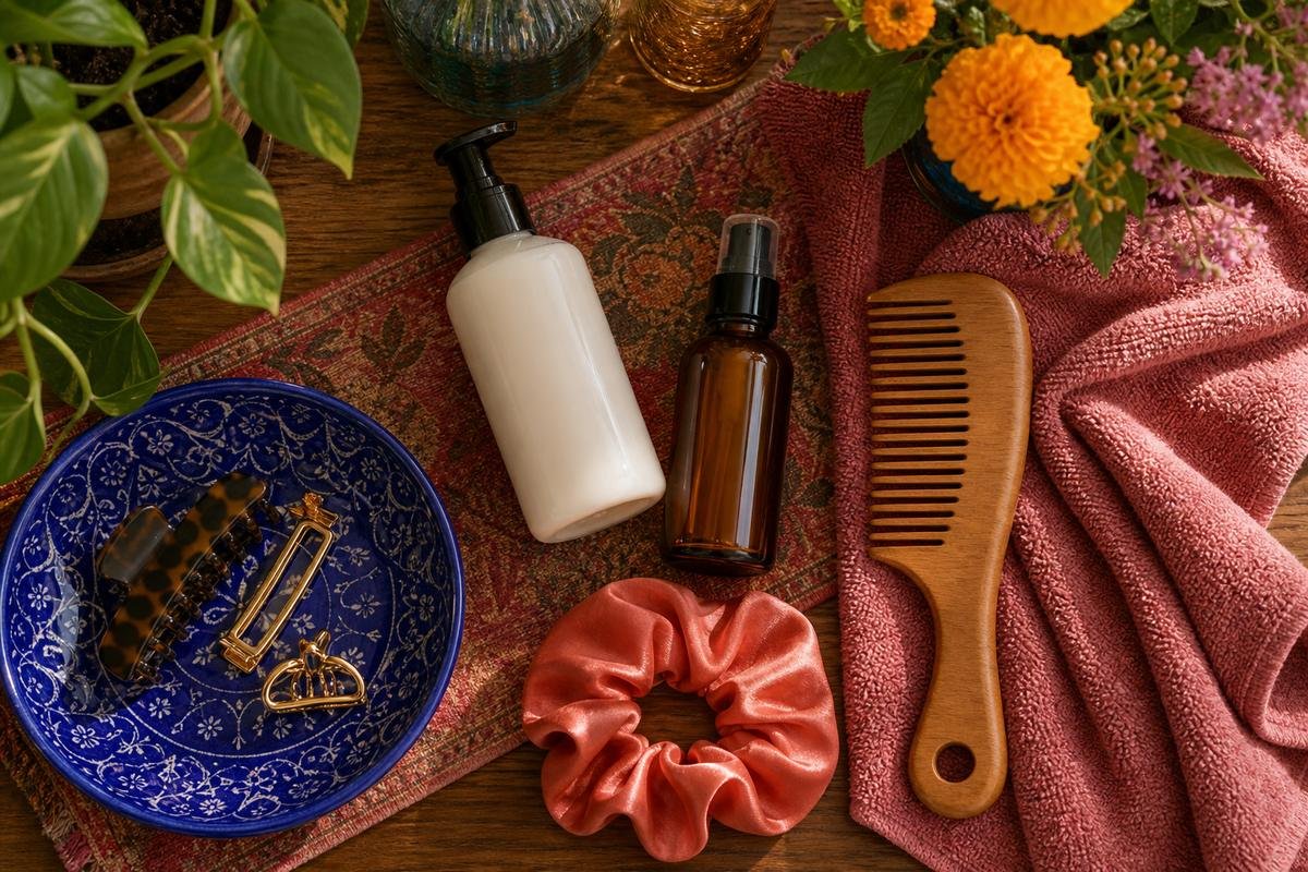 Flatlay of leave-in, serum and microfiber towel