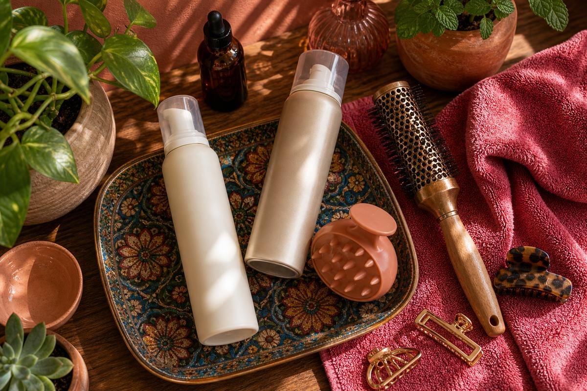 Flatlay of volumizing mousse, dry shampoo and scalp massager