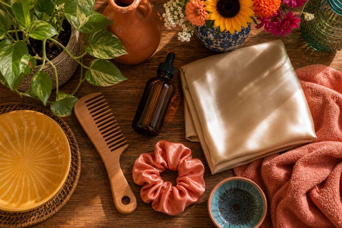 Flatlay of comb, satin pillowcase and hair oil