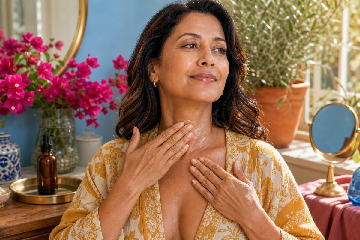 Woman applying cream to her neck and décolletage