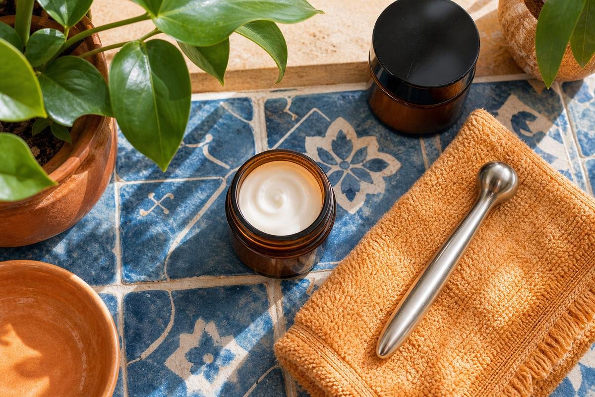 Flatlay of eye cream and a cooling under-eye tool