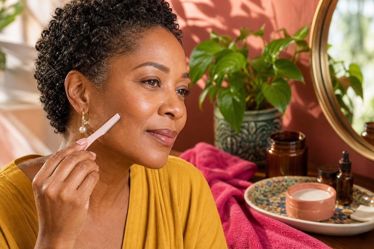 Woman gently dermaplaning her cheek