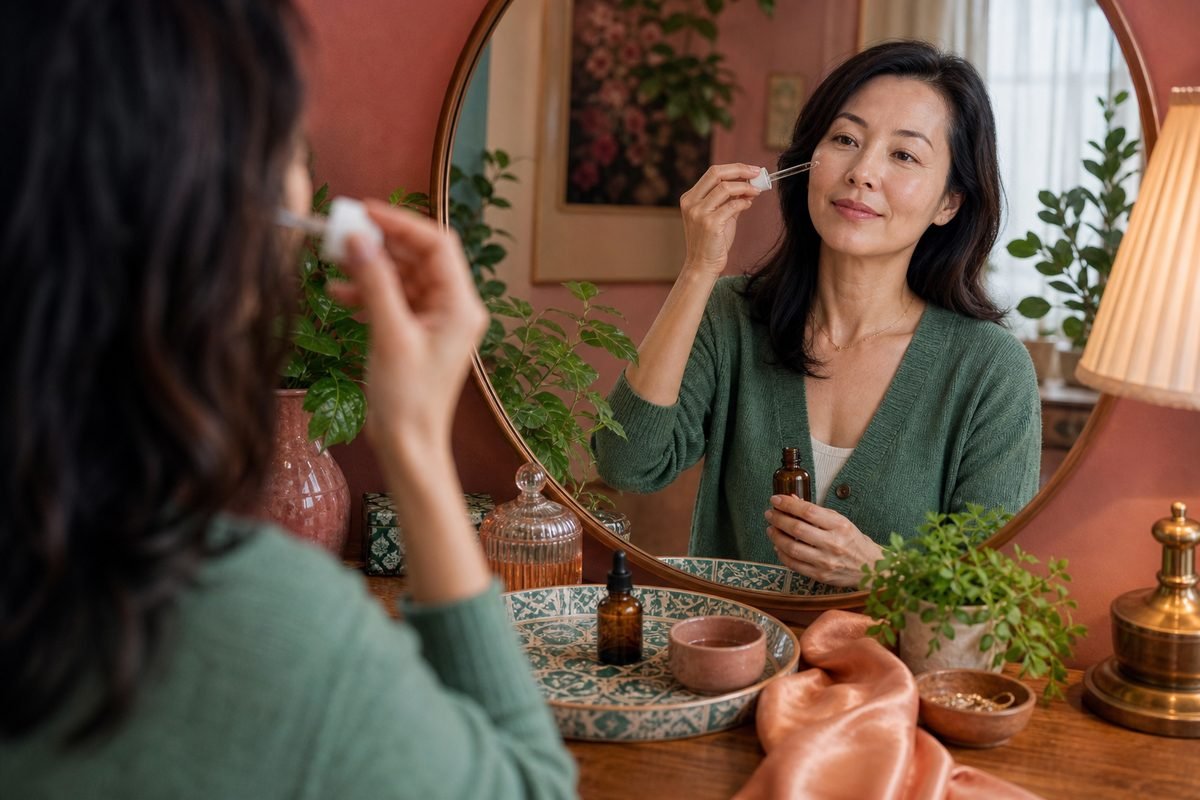 Woman applying anti-aging serum at a mirror