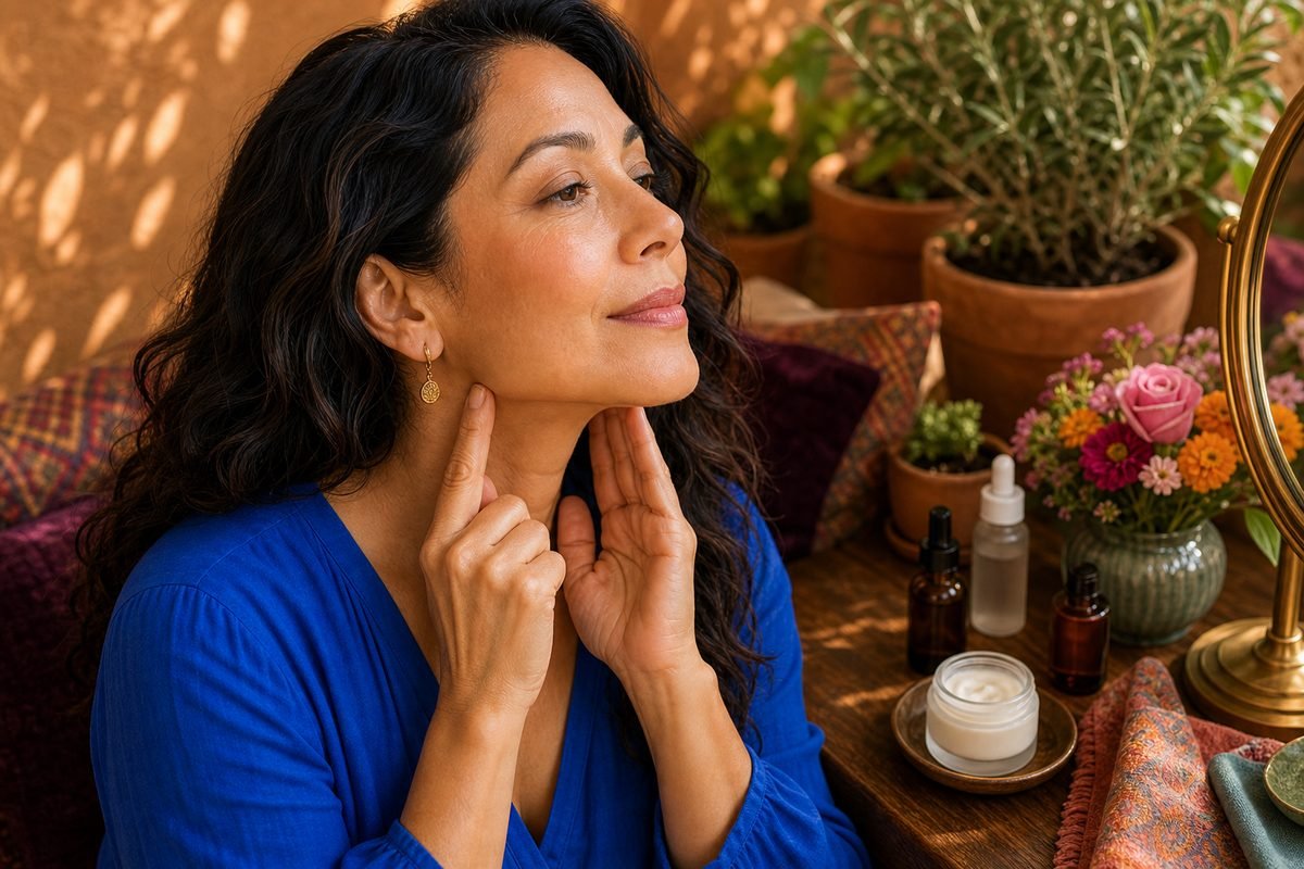Close-up of a jawline-firming facial exercise