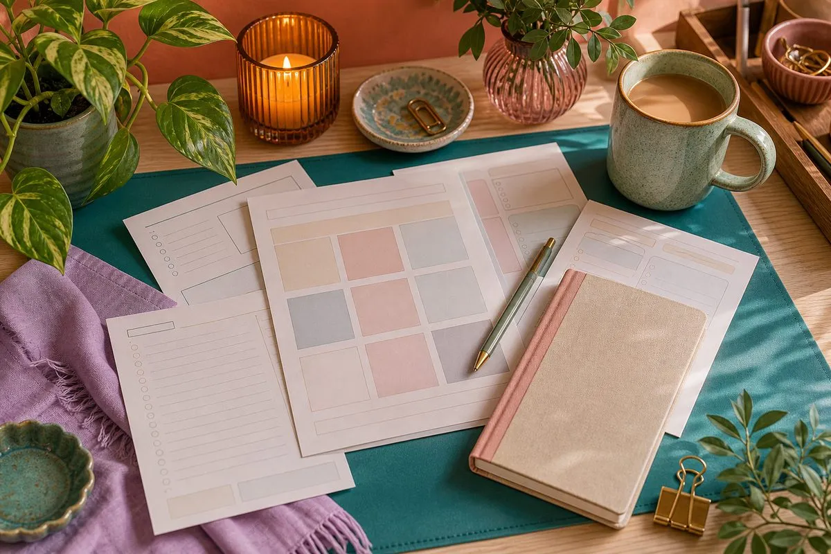 Cozy flatlay of self-care printables and coffee