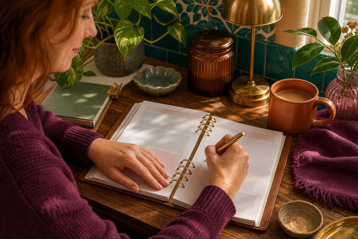 Woman writing in a planner at a cozy desk