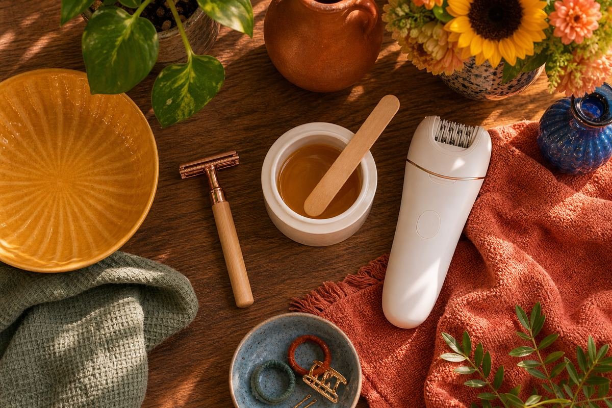 Flatlay of a razor, wax and epilator