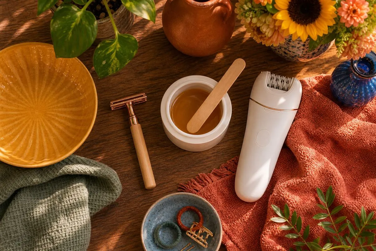 Flatlay of a razor, wax and epilator