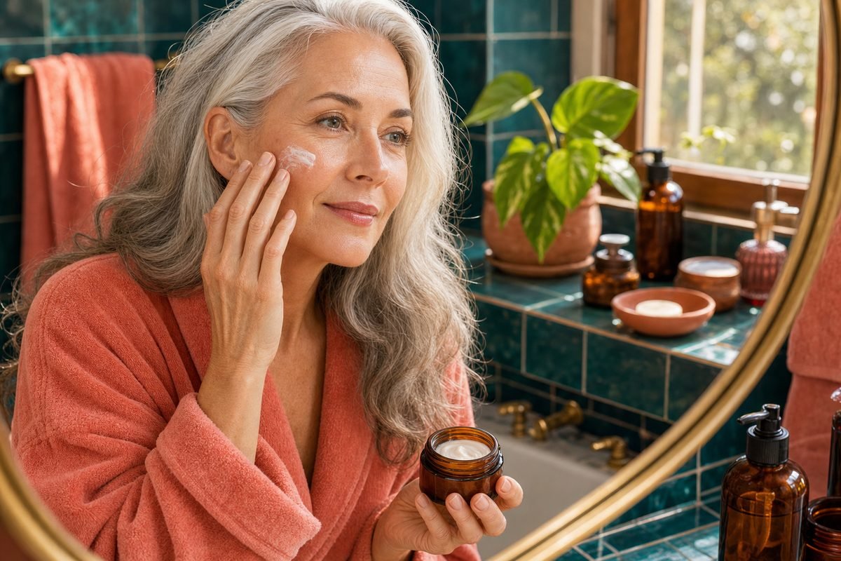 Woman over 50 applying skincare