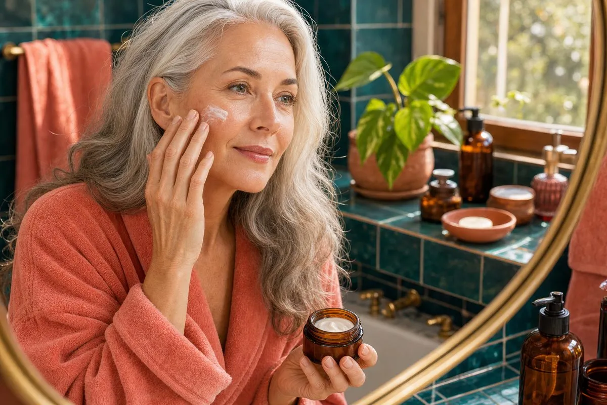 Woman over 50 applying skincare