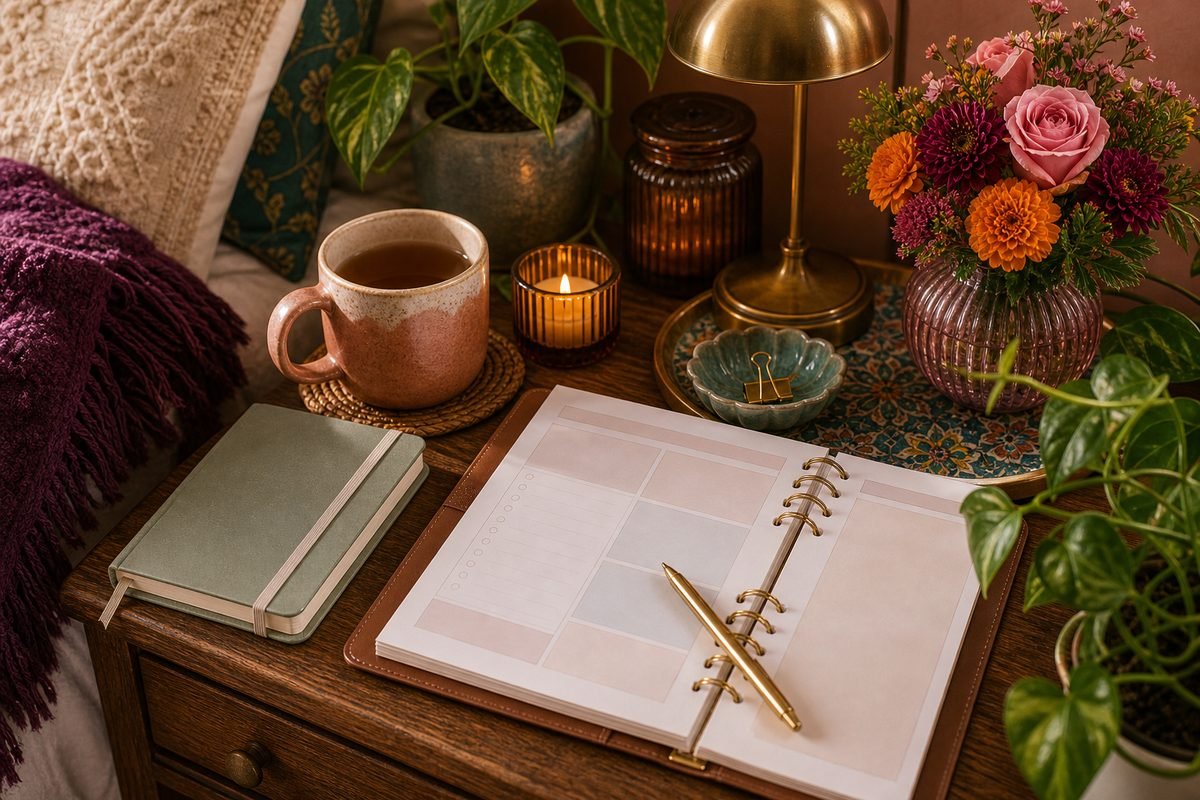 Cozy Sunday reset nightstand scene