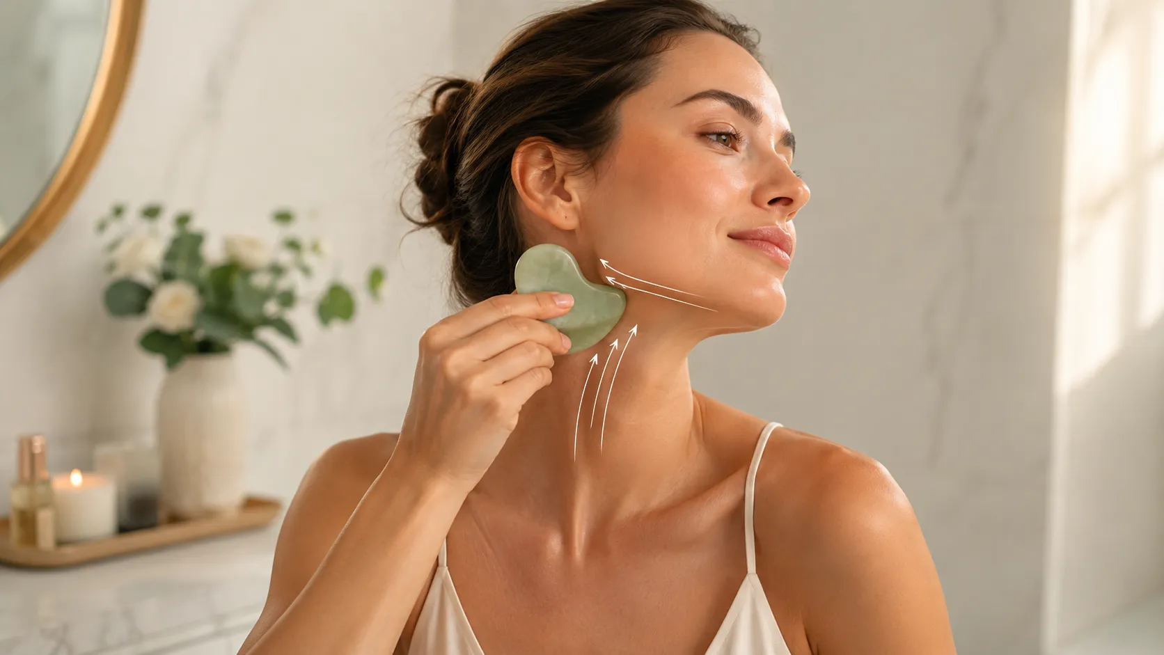 Diverse women doing a simple morning gua sha routine in a soft beauty setting