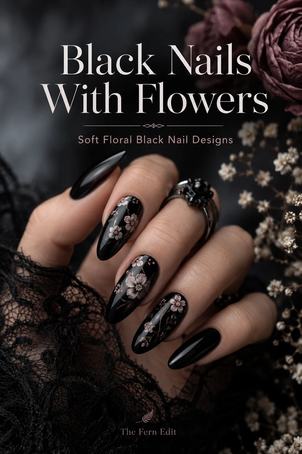 Black nails with flowers soft floral black nail designspng