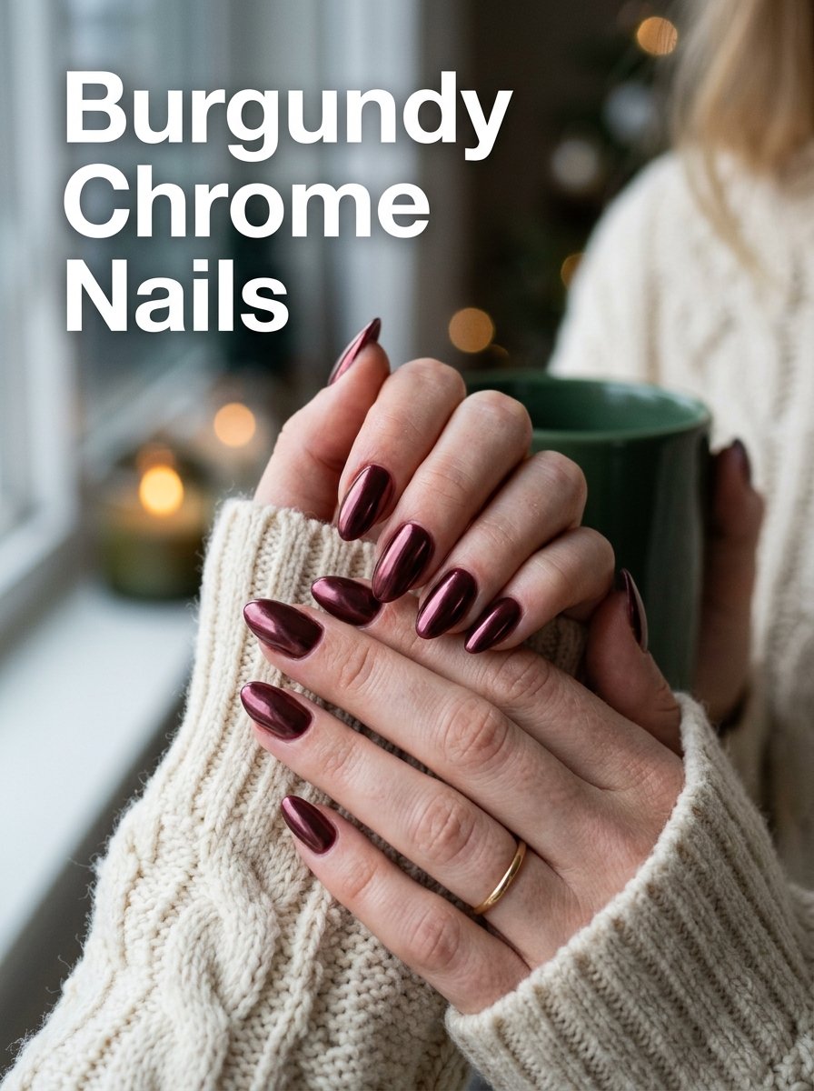 Burgundy chrome nails photo