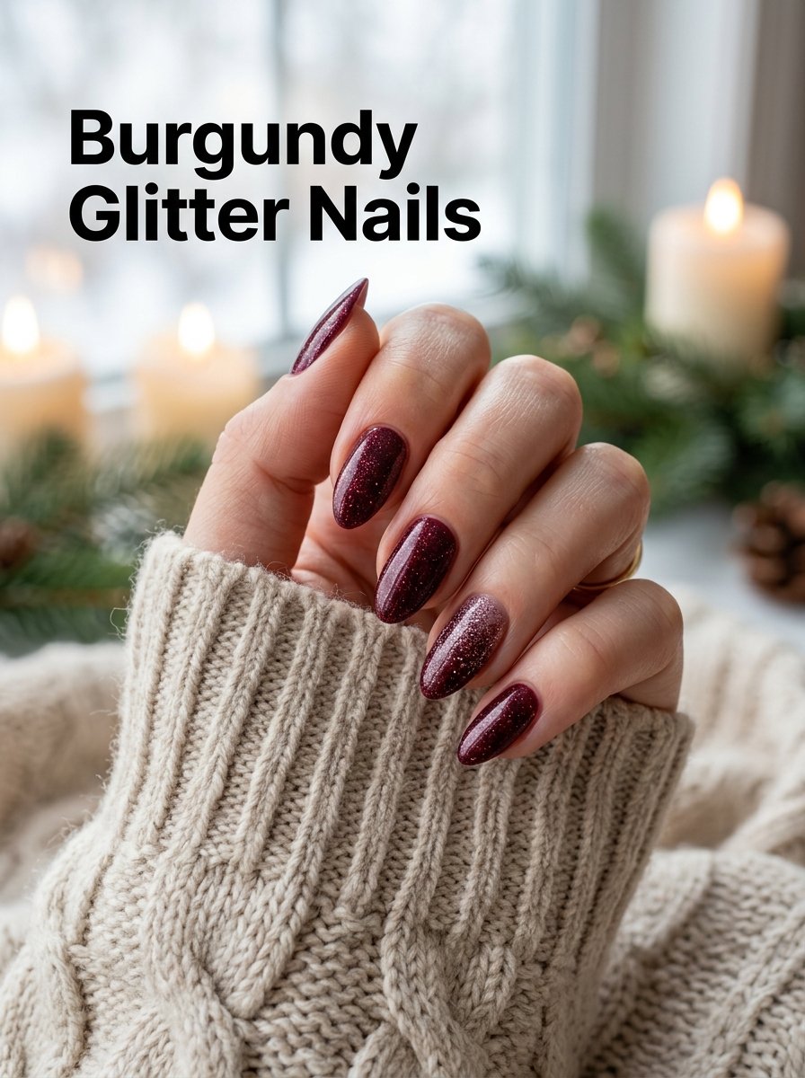 Burgundy glitter manicure