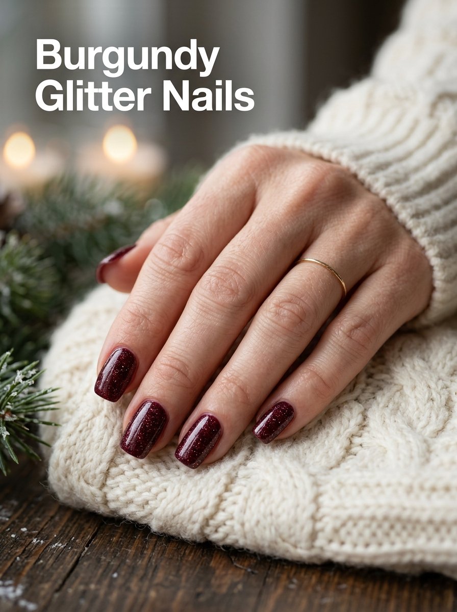 Burgundy glitter nails manicure