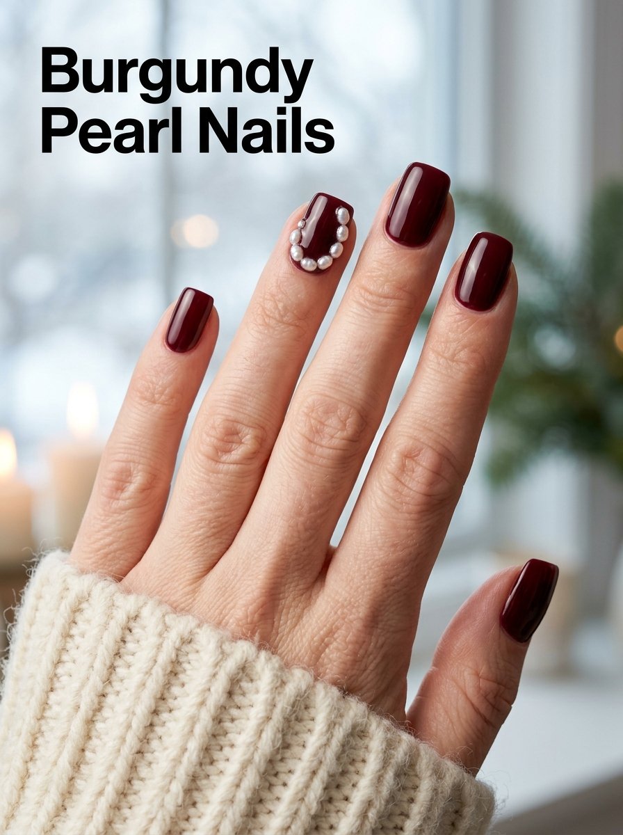 Burgundy pearl manicure design