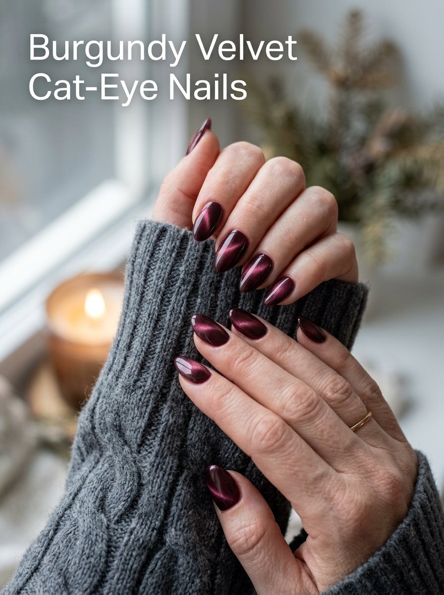 Burgundy velvet cat eye nails