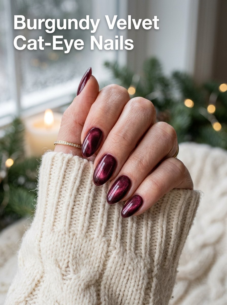 Burgundy velvet cat eye nails