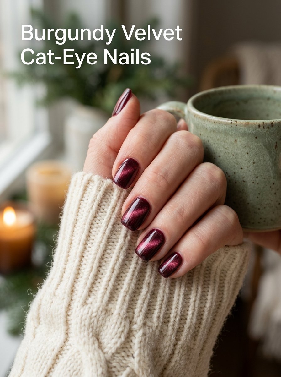 Burgundy velvet cat eye nails
