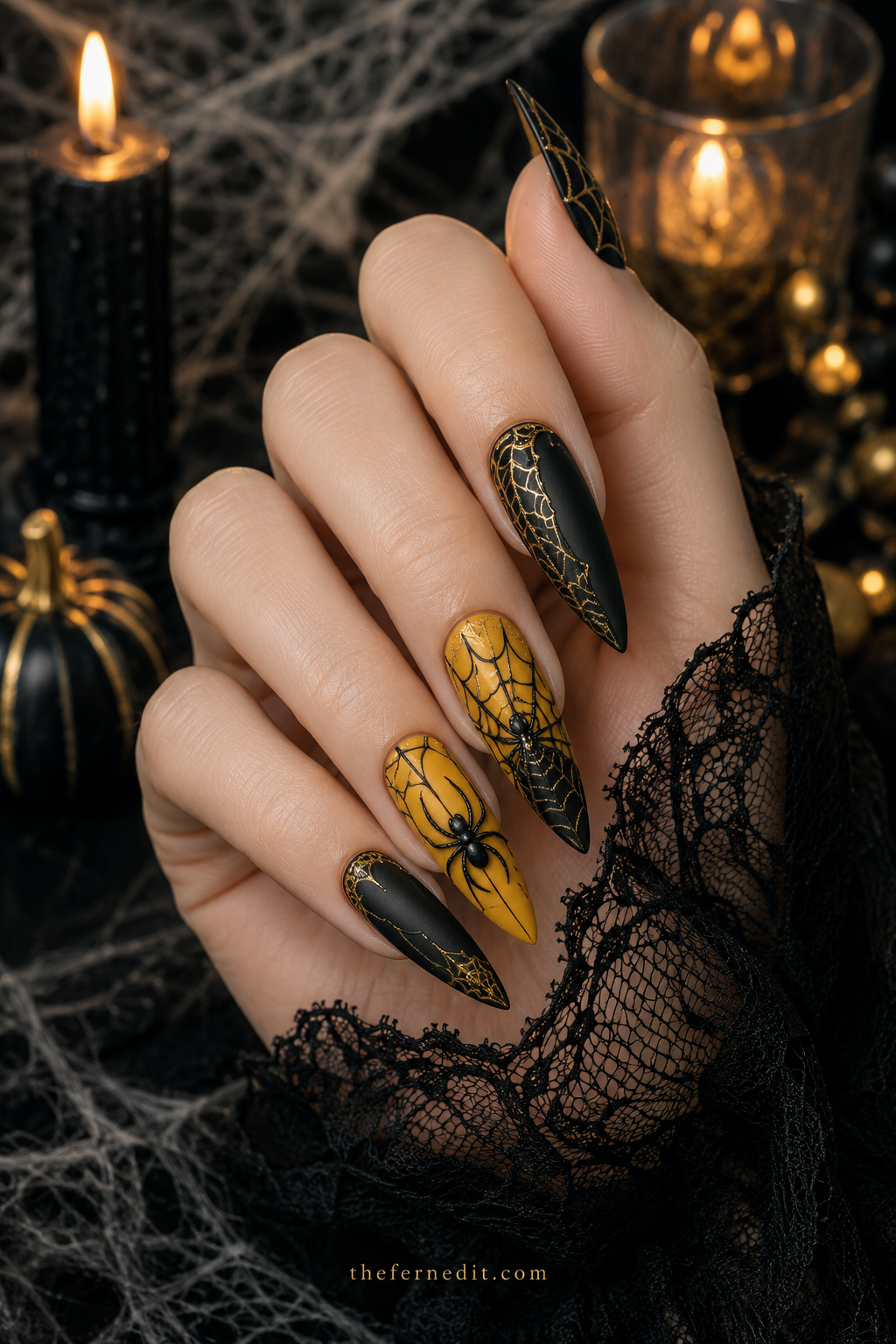 Yellow Bat Silhouette Nails — Yellow Halloween nail design idea